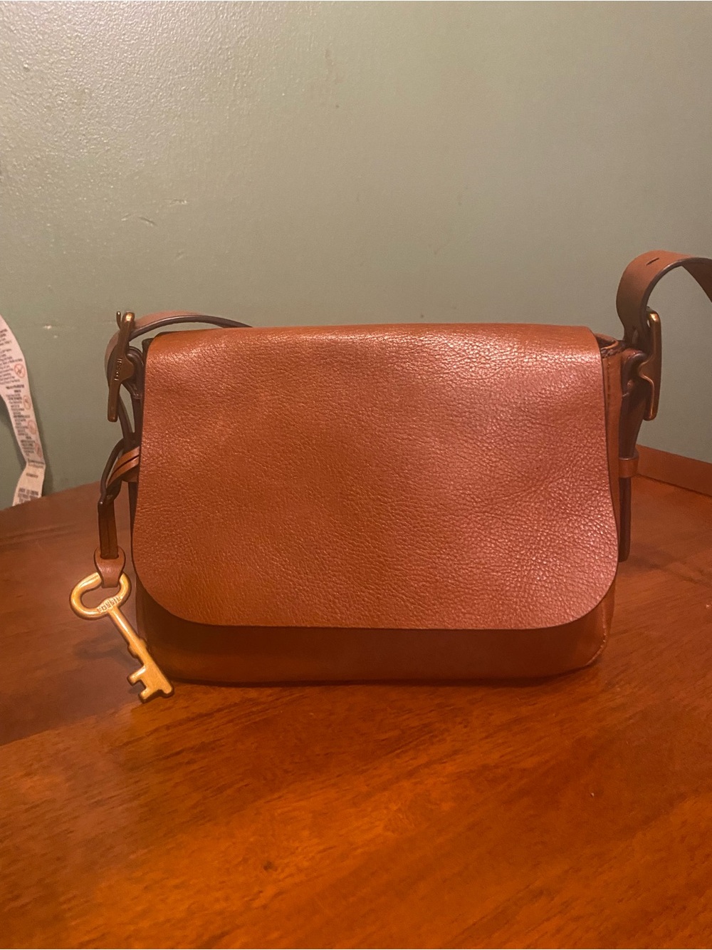 Fossil Chestnut Brown Leather Crossbody with Key Charm